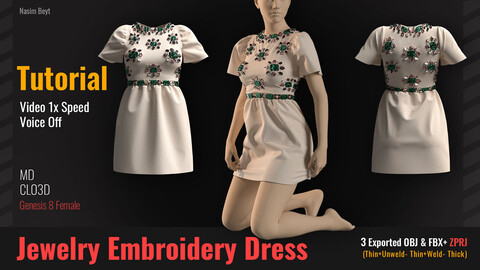 The Process of Creating Jewelry Embroidery Dress Tutorial(02) in CLO3D. MD, ZPRJ project+OBJ+FBX