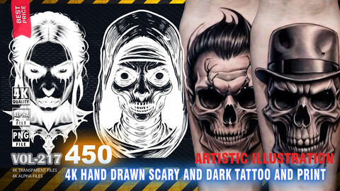 450 4K HAND DRAWN SCARY AND DARK TATTOO AND PRINT - ARTISTIC ILLUSTRATION - HIGH END QUALITY RES - (TRANSPARENT & ALPHA) - VOL217