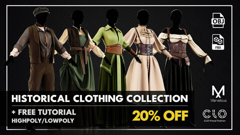 Historical Clothing Collection-Marvelous Designer/Clo3D , Low Poly+ 5 Free Tutorial