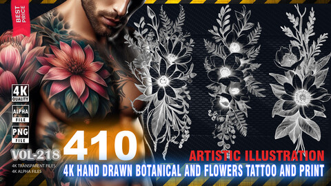 410 4K HAND DRAWN BOTANICAL AND FLOWERS TATTOO AND PRINT - ARTISTIC ILLUSTRATION - HIGH END QUALITY RES - (TRANSPARENT & ALPHA) - VOL218