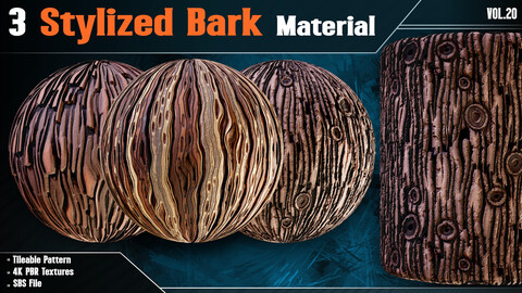 3 Stylized Bark Material - Vol.20 ( 4k PBR Textures + SBS Files )