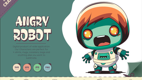 Angry Cartoon Robot. T-Shirt, PNG, SVG.