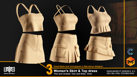 3 Women's Skirt & Top dress (ZPRJ+FBX+OBJ Files)