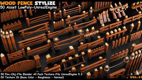 50 Wood Fence Stylize - Lowpoly -UnrealEngine 5.3