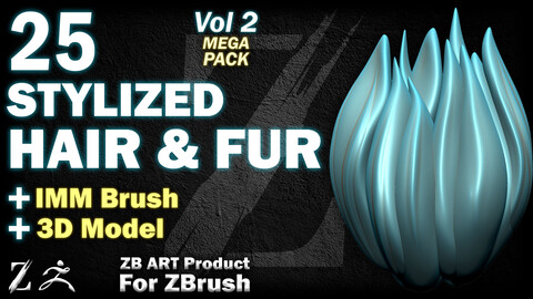 25 ZB ART Stylized Hair and Fur For ZBrush (IMM Brush + 3D Model) - Vol 2