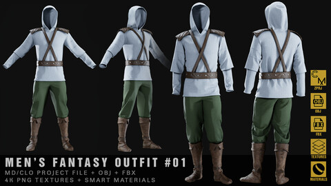 Men's Fantasy Outfit 01. MD/Clo3d + Smart Material + 4K Textures + OBJ + FBX + Blend