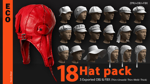 18 Hat PACK (ECO.VOL.07). Marvelous Designer/Clo3D project file+OBJ,FBX