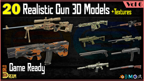 20 Realistic Gun 3D Models with Textures | Game Ready | Vol 6