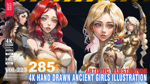 285 4K HAND DRAWN ANCIENT GIRLS ILLUSTRATION - ARTISTIC ILLUSTRATION - HIGH END QUALITY RES - (TRANSPARENT & ALPHA) - VOL225