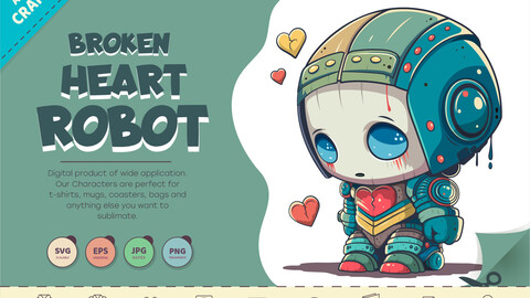 Broken Heart Robot. T-Shirt, PNG, SVG.