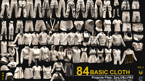 84 BASIC CLOTHES VOL 3 (CLO3D AND MARVELOUS DESIGNER) ZPRJ, OBJ, FBX,UV