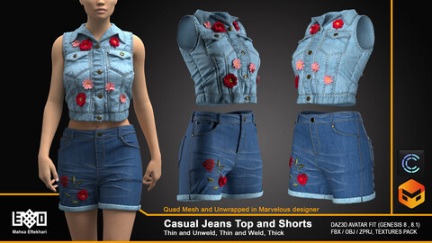 Casual Jeans Top and Shorts (ZPRJ+FBX+OBJ Files)