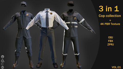 3 in 1 Cop Collection- MD/Clo3d (OBJ+ FBX+ ZPRJ)+ 4K Textures (VOL01)