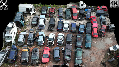 cars wreckage terrain closeup sector drone scan