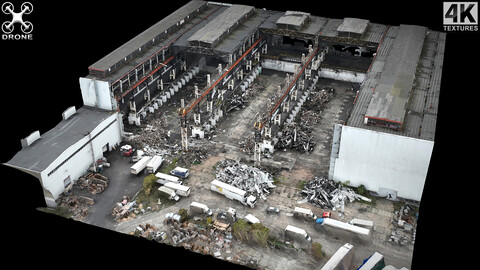 abandoned factory destroyed roof closeup drone scan