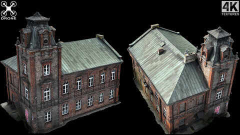 classical abandoned bricks building drone scan