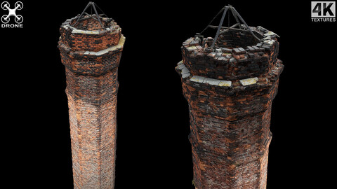 chimney damaged bricks abandoned factory drone scan