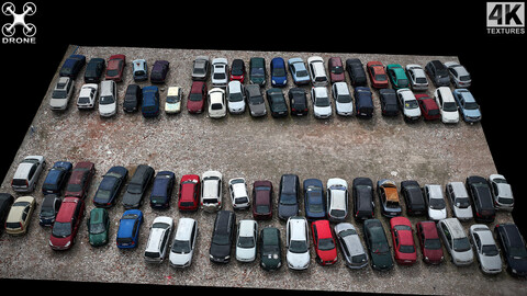 cars abandoned parking terrain closeup drone scan