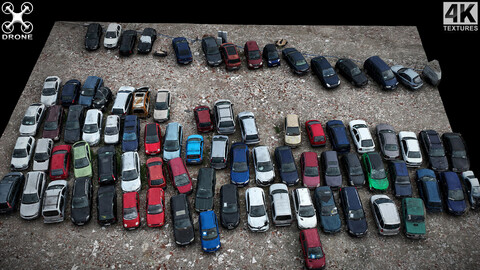 cars abandoned wrecks parking closeup drone scan