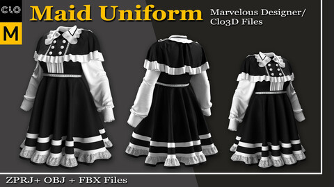 Maid Uniform -Marvelous Designer/Clo3d (ZPRJ) + OBJ + FBX