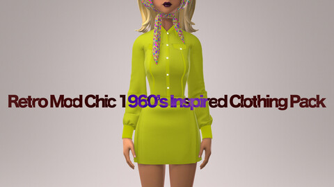 Retro Mod Chic 1960's Inspired Clothing Pack, Blouse+Skirt+Head Scarf, Marvelous Designer+CLO3D+OBJ+FBX files