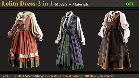 3 in 1 Lolita Dress-MD/Clo3d (OBJ + FBX +ZPRJ) + Smart Material + Textures