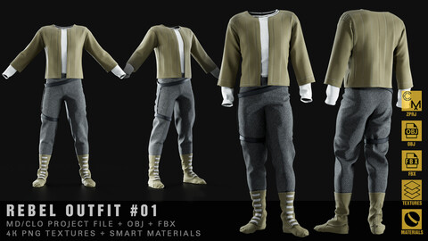 Rebel Outfit 01. MD/Clo3D + Smart Material + 4K Textures + OBJ + FBX + Blend