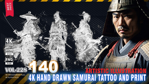 140 4K HAND DRAWN SAMURAI TATTOO AND PRINT - ARTISTIC ILLUSTRATION - HIGH END QUALITY RES - (TRANSPARENT & ALPHA) - VOL228