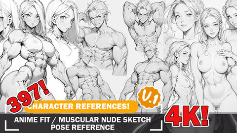 394 Various Anime Fit and Muscular Nude Sketch Pose Characters Reference Intricate Designs and Designs Reference Art V1 4K