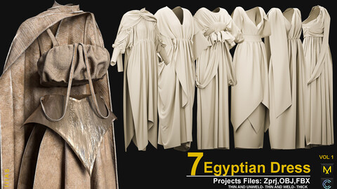 7 EGYPTIAN DRESS VOL 1 (MARVELOUS DESIGNER AND CLO3D)ZPRJ, OBJ, FBX,UV, 4K TEXTURE (SUBSTANCE PINTER)