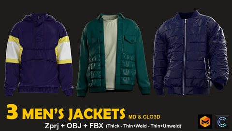 3 Different men's Jackets . Clo3D / MD Projects + OBJ + FBX