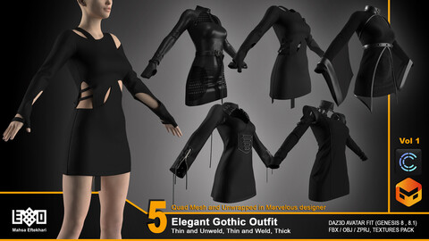 5 Elegant Gothic Outfit - VOL 1 (ZPRJ+FBX+OBJ Files)