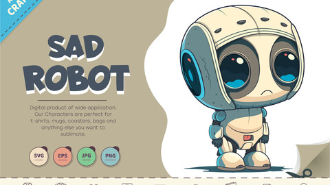 Sad cartoon Robot. T-Shirt, PNG, SVG.