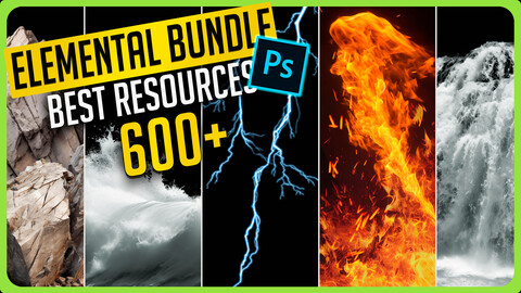 Elemental Bundle - 5 Packs Fire and Flames Effects, Water splash, Waterfalls, Lightning bolts, rocks for Photoshop