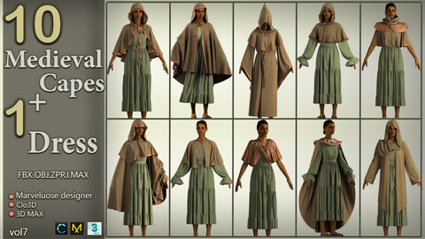 10 Medieval capes+1 Long Dress/Marvelous designer+clo3D+3D MAX/ZPRJ+FBX+OBJ+MAX/Texture/A pose/Quad/CM