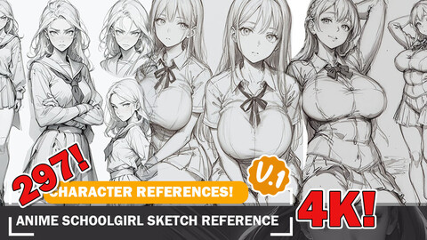 297 Various Anime School girl Sketch Pose Characters Reference and Designs Reference Art V1 4K