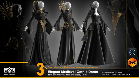 3 Elegant Medieval Gothic Dress (ZPRJ+FBX+OBJ Files)