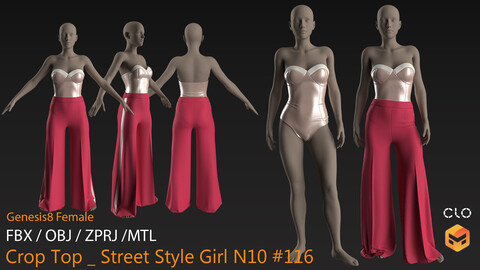 Crop Top _ Street Style Girl N10 #116 _ MarvelousDesigner/CLO Project Files+fbx+obj+mtl _ Genesis8Female