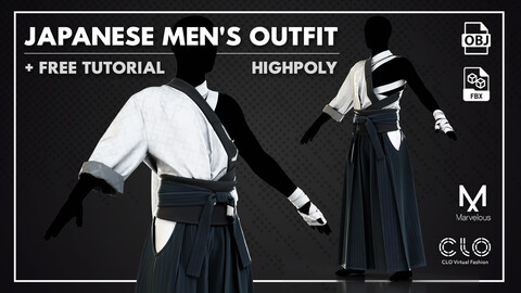 Japanese Men's Outfit-Samurai 02 , Marvelous / Clo3d + OBJ , FBX + Free Tutorial , + 4K Textures