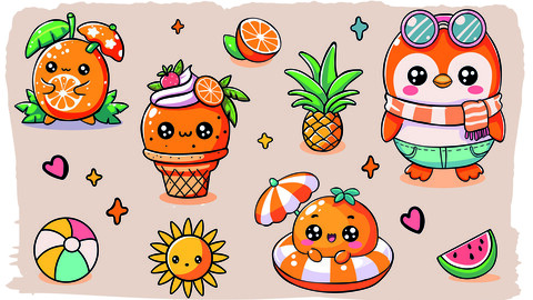 Cute orange cartoon stikers - hand drawn set