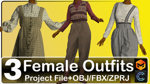 3 Female Outfits (8 pieces of clothing) Marvelous Designer/Clo3D Project File + OBJ,FBX,Zprj