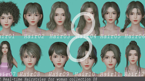 12 Real-time woman Hairstyles collection 08 hair stylized haircut head girl young female blonde brunette beautiful wig character hairstyle haircut human real time ingame lowpoly