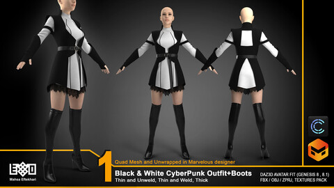 Black & White CyberPunk Outfit + Boots (ZPRJ+FBX+OBJ Files)