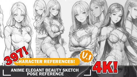 397 Various Anime Female Elegant Dress Beauty Sketch Pose Characters Reference and Designs Reference Art V1 4K