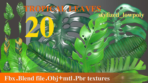 20 stylized tropical leaves-game ready