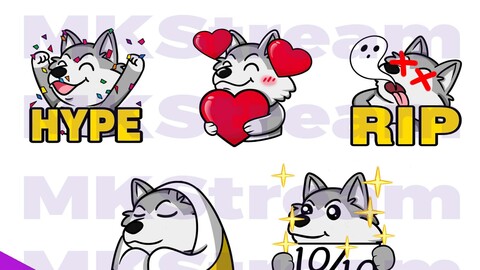 Twitch emotes cute wolf hype, love, rip, comfy & perfect pack