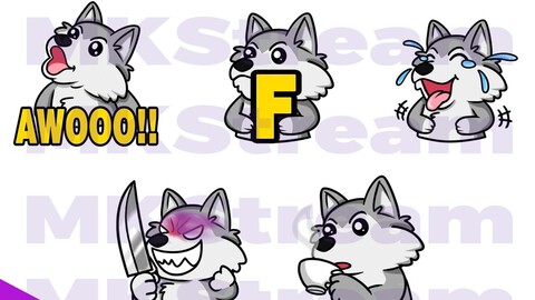 Twitch emotes cute wolf knife, sip, howl, f & laugh pack