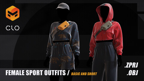 Female Sport Outfits / Basic and short / Marvelous Designer Project + OBJ