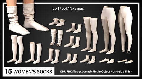 15 WOMEN’S SOCKS (CLO3D, MD PROJECTS+OBJ+FBX)