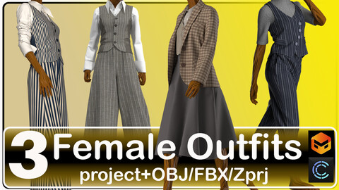 3 Female Outfits (10 pieces of clothing) Marvelous Designer/Clo3D Project File + OBJ,FBX,Zprj